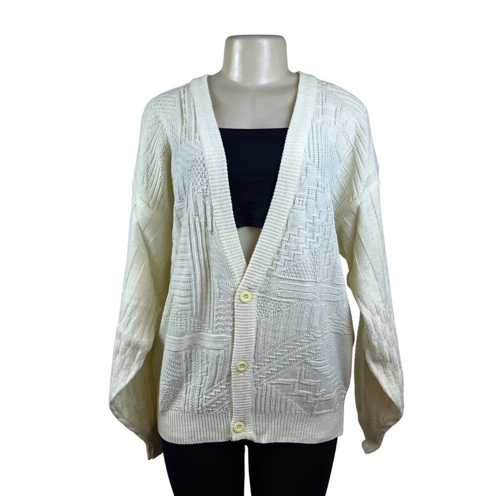 Permit Womens White Knit Cardigan Sweater Long Sleeve Geometric Textured Sz L